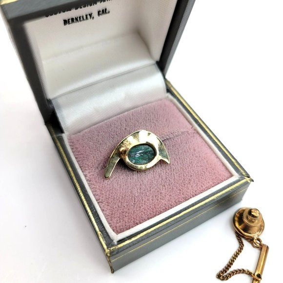 14k Yellow Gold Malachite Angel Fish Tie Tack Pin Vintage Artisan Made CT409 - Picture 10 of 16